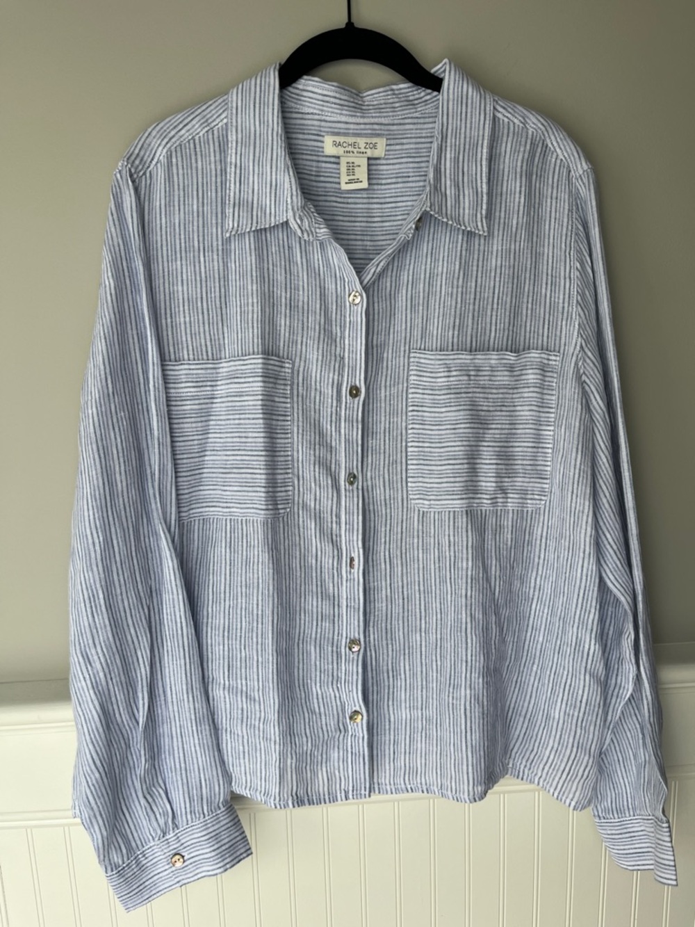 Rachel Zoe 100% Linen Blue White Striped Button Down Shirt XL Coastal